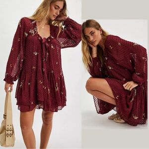 Free People Dainty Ethereal Billowy Garden Glory Mini Dress in Cabernet Medium